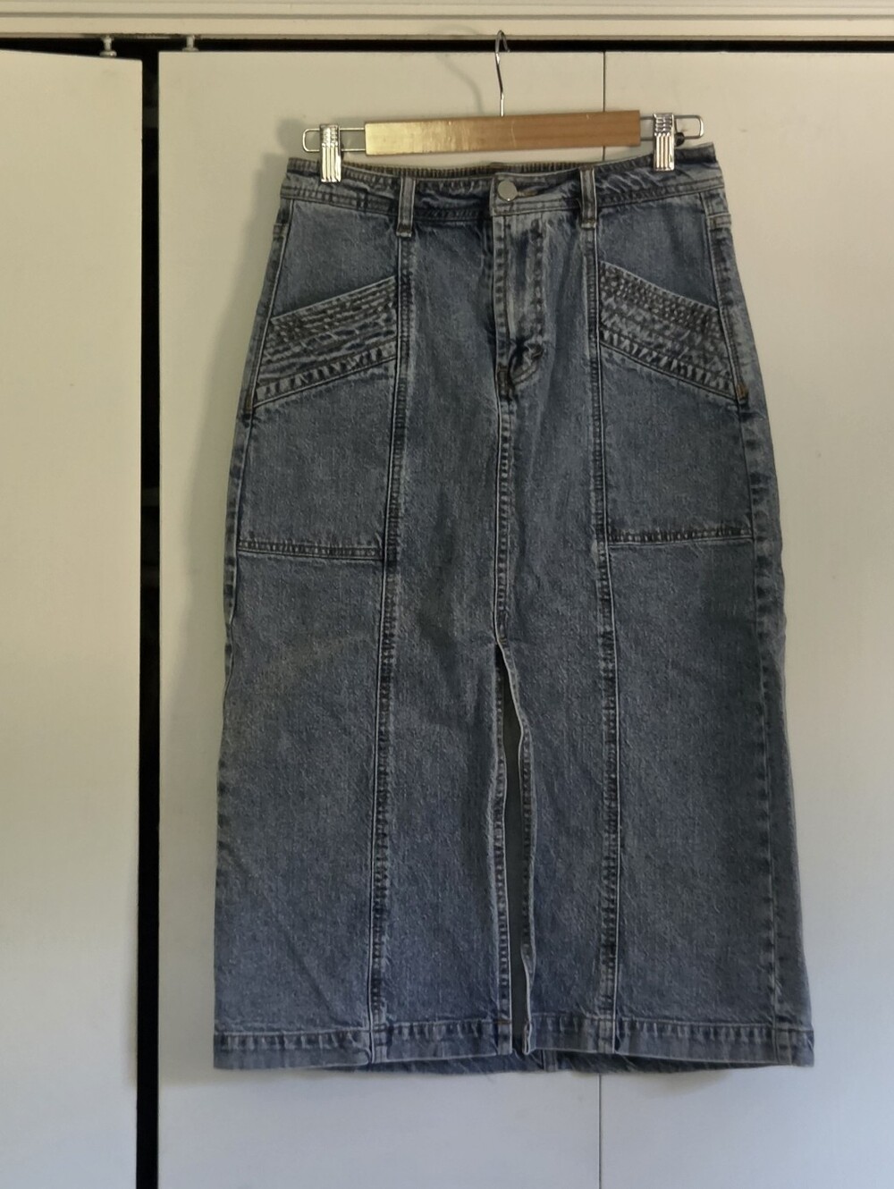 Habitual Washed Blue Denim Midi Skirt with Front Slit